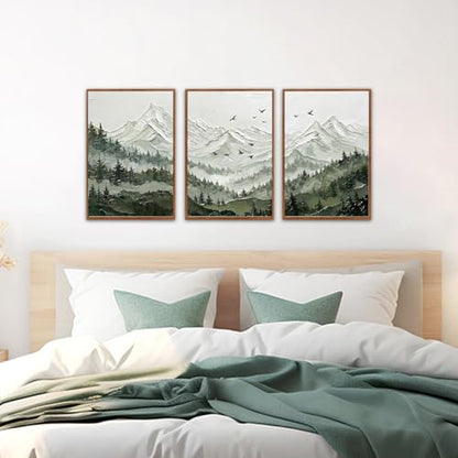 KAlRNE Mountain Landscape Forest Framed large Wall Art Set (3 Count)
