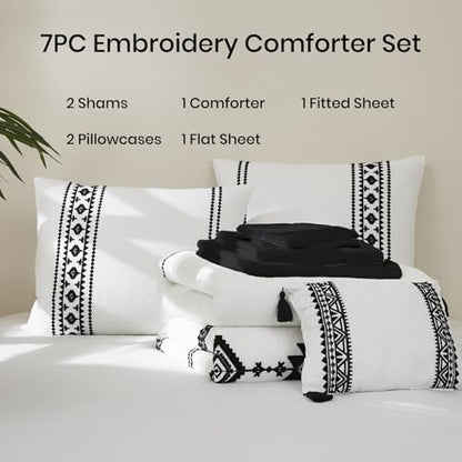 Embroidery King Size Comforter Set 7 Pieces White Bed in a Bag