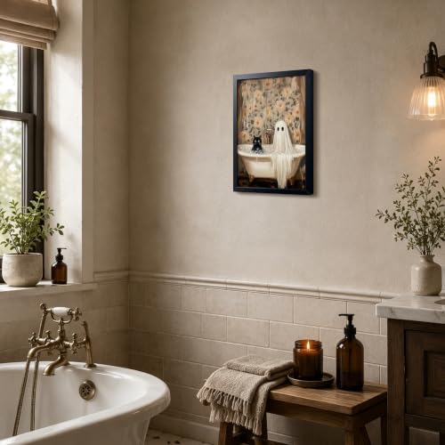 Funny Black Cat Bathroom Wall Art Framed Canvas Print