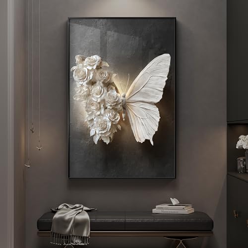 Large Framed Black and White Butterfly Floral Wall Art