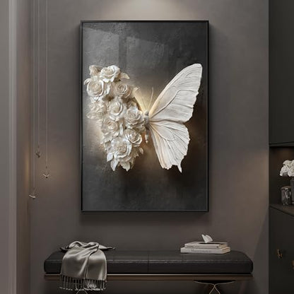 Large Framed Black and White Butterfly Floral Wall Art