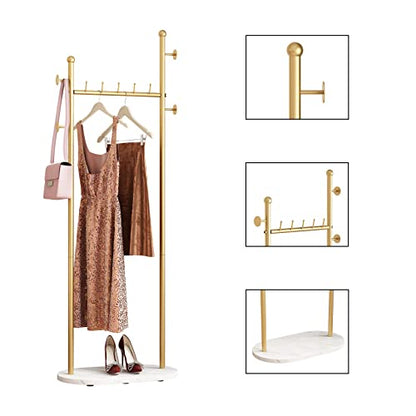 Gold Clothing Racks with Marble Base Modern Coat Racks Freestanding Gold Clothes Rack with Shelves for Bedroom Heavy Duty Garment Racks in Hallway