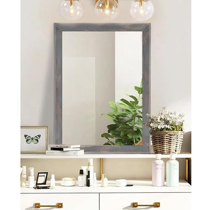 Wooden Mirror Rectangle Rustic Mirrors for Wall Decorative for Bedroom Bathroom Living Room Entryway Hanging Home Decor 28"x20"