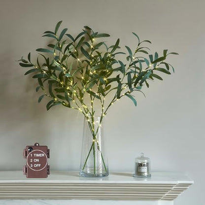 Lighted Olive Branches 24IN 72 LED with Timer Battery Operated Lit Artificial Greenery for Wedding Party Spring Home Decoration Indoor Outdoor