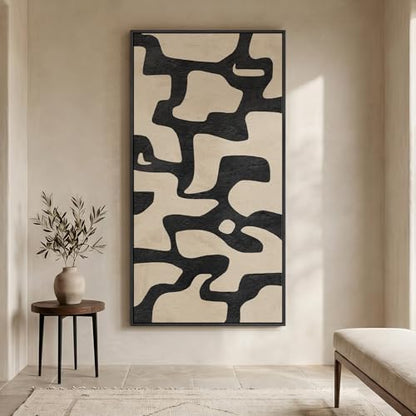Large Framed Black and Beige Neutral Abstract Wall Art