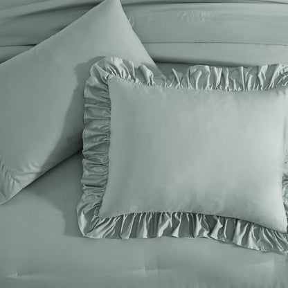 Full Size Comforter Set Sage Green Ruffle 7 Pieces Farmhouse Bed in a Bag