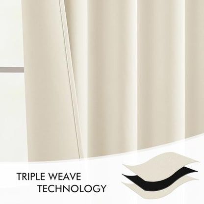 Beige White Back Tab Blackout Curtains 52x63 Inches Long 2 Panel Set