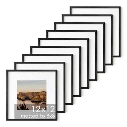 12x12 Black Metal Picture Frames Matted to 8x8 (9 Count)