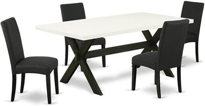 East West Furniture X627DR124-5 5 Piece Dining Set Includes a Rectangle Dining Room Table with X-Legs and 4 Black Color Linen Fabric Upholstered Parson Chairs, 40x72 Inch, Multi-Color