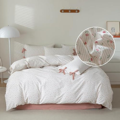 King Size Comforter Set Garden Style Pink White Floral Comforter Set Cozy Aesthetic Bedding Cottagecore Comforter Vintage Botanical Flower Comforter with 2 Bow Ties Pillowcases Fluffy Bed Set