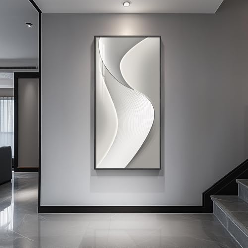 Large Framed Silver White Abstract Wall Art for Living Room