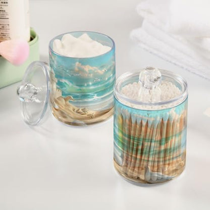 2 Pack Qtip Holder Organizer Dispenser Beach Sandcastles Seagulls Shells Bathroom Storage Canister Cotton Ball Holder Container for Cotton Pads (2 Count)