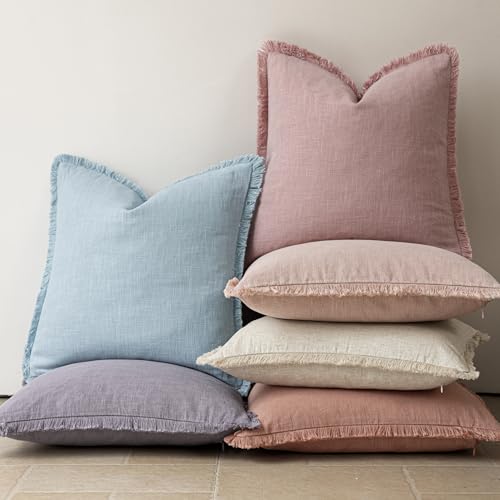 Decorative Linen Fringe Throw Pillow Covers 22×22 Inch (2 Count)