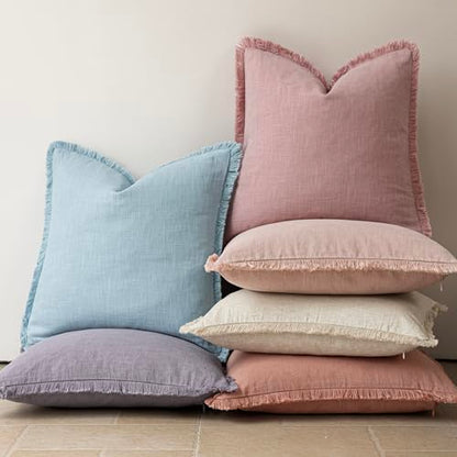 Decorative Linen Fringe Throw Pillow Covers 22×22 Inch (2 Count)