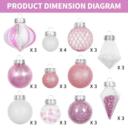 34PCS Pink White Christmas Ball Ornaments Set for Tree Decor (34 Count)