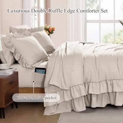 Full Size Comforter Set Beige Ruffle 7 Pieces Farmhouse Bed in a Bag