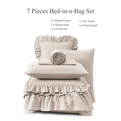 Full Size Comforter Set Beige Ruffle 7 Pieces Farmhouse Bed in a Bag