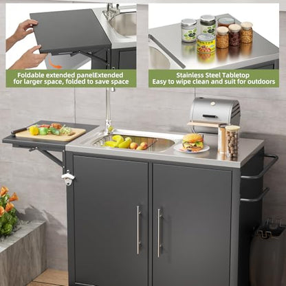 Outdoor Grill Table with Sink & Foldable Worktop