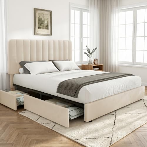 Full Size Upholstered Bed Frame with 4 Drawers and Headboard