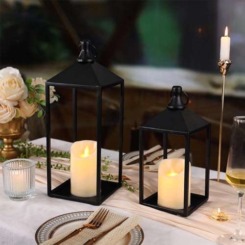 2 Pcs Black Decorative Metal Lanterns Farmhouse Lantern Decor with Candles (70 Count)