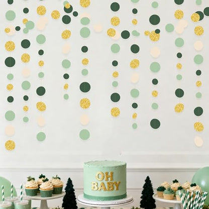 Sage Green Gold Beige Party Polka Dot Garlands Oilve Green Glitter Gold Hanging Paper Circle Dots Streamer for Birthday Wedding Shower Engagement Retirement Boho Safari Party Decorations Supplies