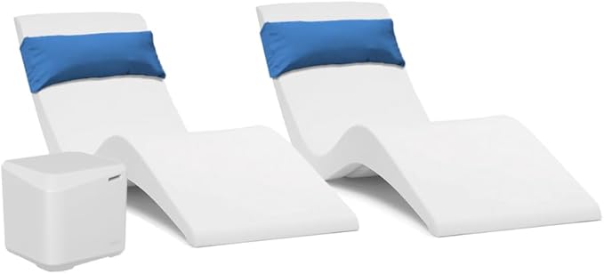 Classic White-Blue - in-Pool Chaise Set – Includes Two Chaises, Two Headrest Pillows, and One Poolside Table – for Ledges Up to 9” - Aqua Outdoors