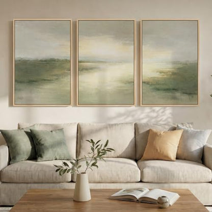 Large Framed Sage Green Abstract Landscape Wall Art for Living Room (3 Count)