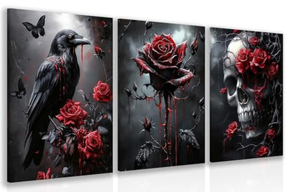 Wrapped Canvas Dark Goth Crow Rose Skull Wall Art Set of 3 (3 Count)