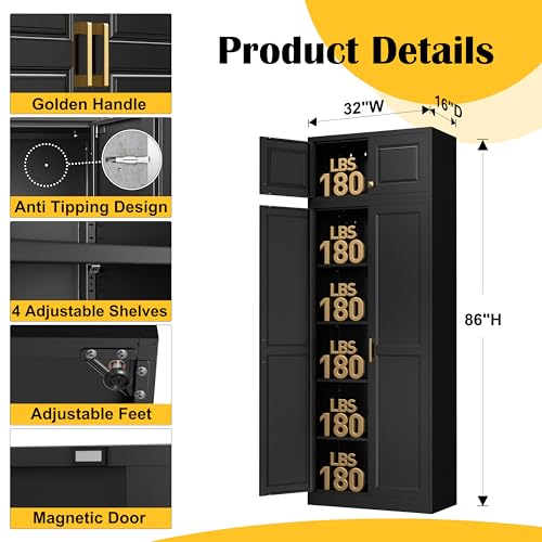 86"Metal Pantry Storage Cabinet with Doors & 4 Adjustable Shelves