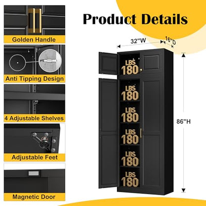 86"Metal Pantry Storage Cabinet with Doors & 4 Adjustable Shelves