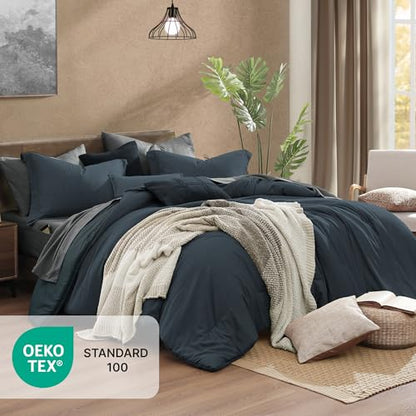 Queen Comforter Set 7 Pieces Navy Blue Cationic Dyeing Bed in a Bag