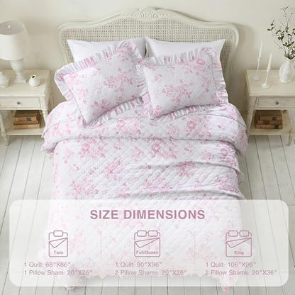 Pink Ruffled Quilt Queen Size with 2 Pillow Shams