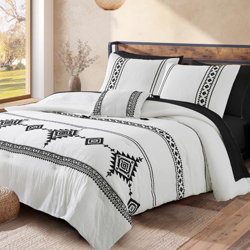 Embroidery King Size Comforter Set 7 Pieces White Bed in a Bag