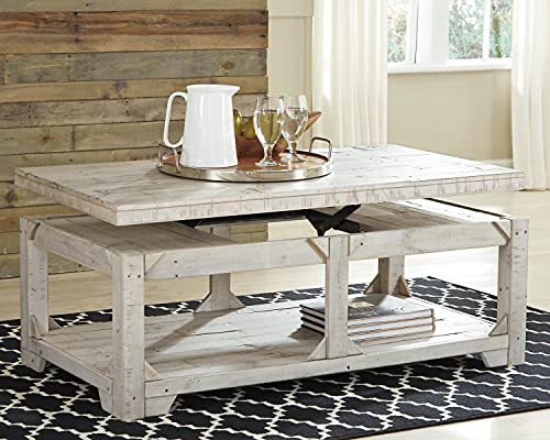 Fregine Farmhouse Rectangular Lift Top Coffee Table with Floor Shelf