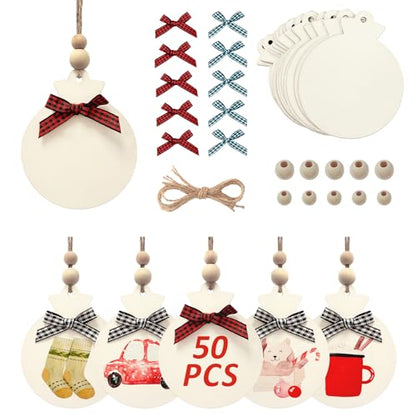 50PCS 4" Blank Wooden Ornaments for Crafts with Plaid Bows and Beads (50 Count)