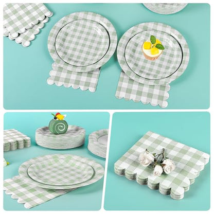 150Pcs Sage Green Gingham Party Supplies Green Gingham Paper Plates and Napkins Green Plaid Plates Disposable Greeny and White Plaid Party Decor for Birthday Family Picnic BBQ Party (150 Count)