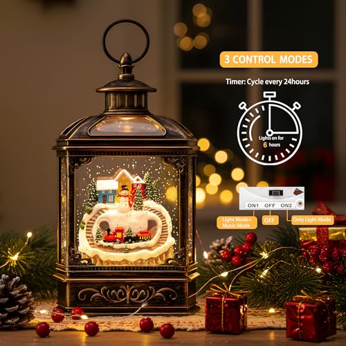 Christmas Village Snow Globe Lantern Musical Lighted Mountain Village Snowman & Train Water Lantern in Swirling Glitter