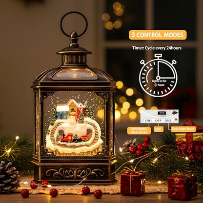 Christmas Village Snow Globe Lantern Musical Lighted Mountain Village Snowman & Train Water Lantern in Swirling Glitter