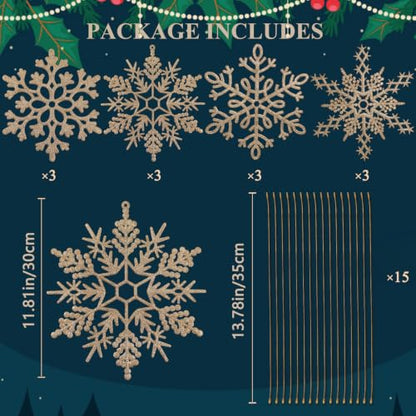 12pcs Large Champagne Gold Snowflakes Ornaments 12” Big Plastic Glitter Snowflake for Winter Indoor Outdoor Christmas Tree Window Room Decorations Giant Craft Snowflakes (12 Count)