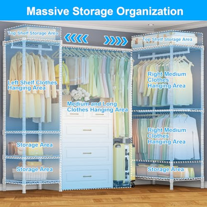 E10L L Shaped Clothes Rack for Corner（With Expandable Hanger Rod）Heavy Duty Freestanding Clothing Racks for Hanging Clothes