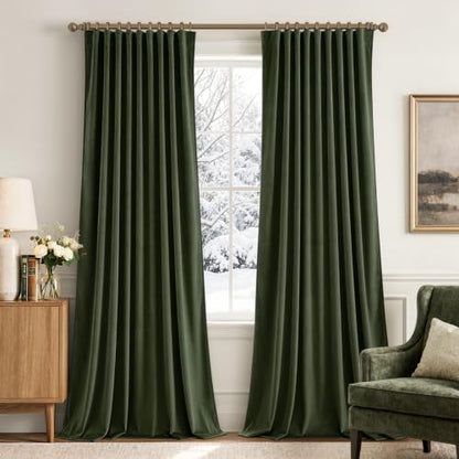 Olive Velvet Pinch Pleat Blackout Curtains W52 X L90 Inches
