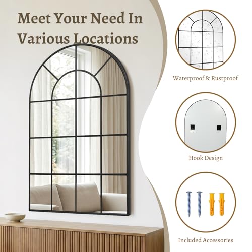 Arched Windowpane Wall Mirror 24"x36" Black Wall Mounted Art Pane Mirror Farmhouse Decorative Mirror Leaning Hanging Wall Mirror for Bedroom Living Room Entrance Hallway Wall Decor