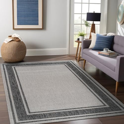 Outdoor Rug 5x7 Modern Bordered Area Rugs for Indoor and Outdoor Patio Deck Porch Garden Waterproof Weather Sun Resistant Washable Outside Carpet (35 Sq Ft)