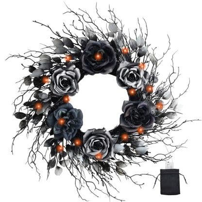 22 Inch Black and Silver Halloween Wreath with 40 Orange LEDs