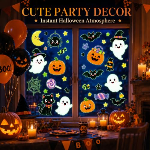 Glow in the Dark Halloween Window Stickers Cute Ghost Pumpkin Black Cat Spider Bat Candy Moon Window Decals for Halloween Party Supplies Home Glass Decorations