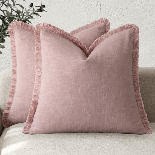 Decorative Linen Fringe Throw Pillow Covers 22×22 Inch (2 Count)