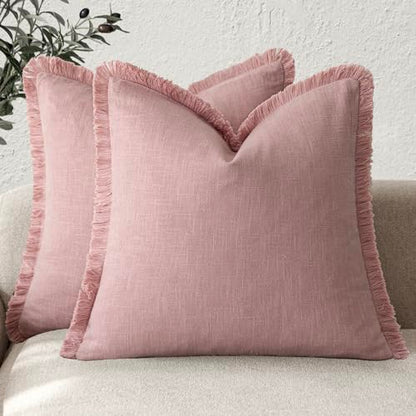 Decorative Linen Fringe Throw Pillow Covers 22×22 Inch (2 Count)