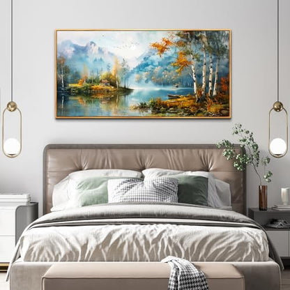 Large Wood Framed Wall Decor For Living Room Canvas Wall Art For Office Modern Wall Decorations For Bedroom Lake View Painting Tree Forest Pictures Artwork Room Home Decor 24x48 In