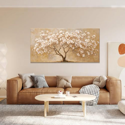 Large Canvas Wall Art Decor Beige Magnolia Tree of Life Canvas Art Wall Decor For Living Room White Flower Wall Art Decor Modern Tree Botanical Canvas Prints Decor For Bedroom Home Office 24"×48"