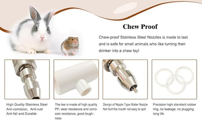 Stainless Steel Rabbit Water Nipples Metal Automatic Watering System Kit with PVC Tee for Guinea Pig, Hamster, Ferrets Other Rodent Small Animals(6Pcs)